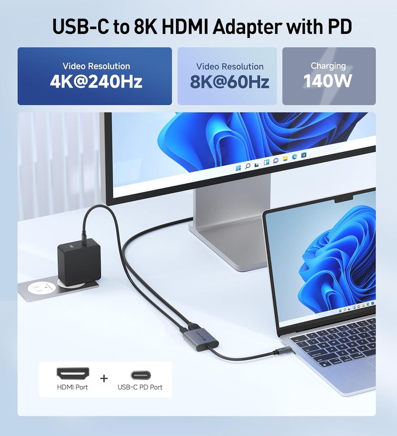CableMatters محول USB C إلى HDMI 2.1 بسرعة 48Gbps مع شحن 140W لنظام MacOS و Windows، يدعم [4K@240Hz /8K@60Hz HDR]، محول Thunderbolt إلى HDMI، متوافق مع MacBook و XPS، لا يدعم VRR - Image 2